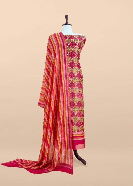 Red Pure Maheshwari Silk Suit In Hand-Block Print With Dupatta