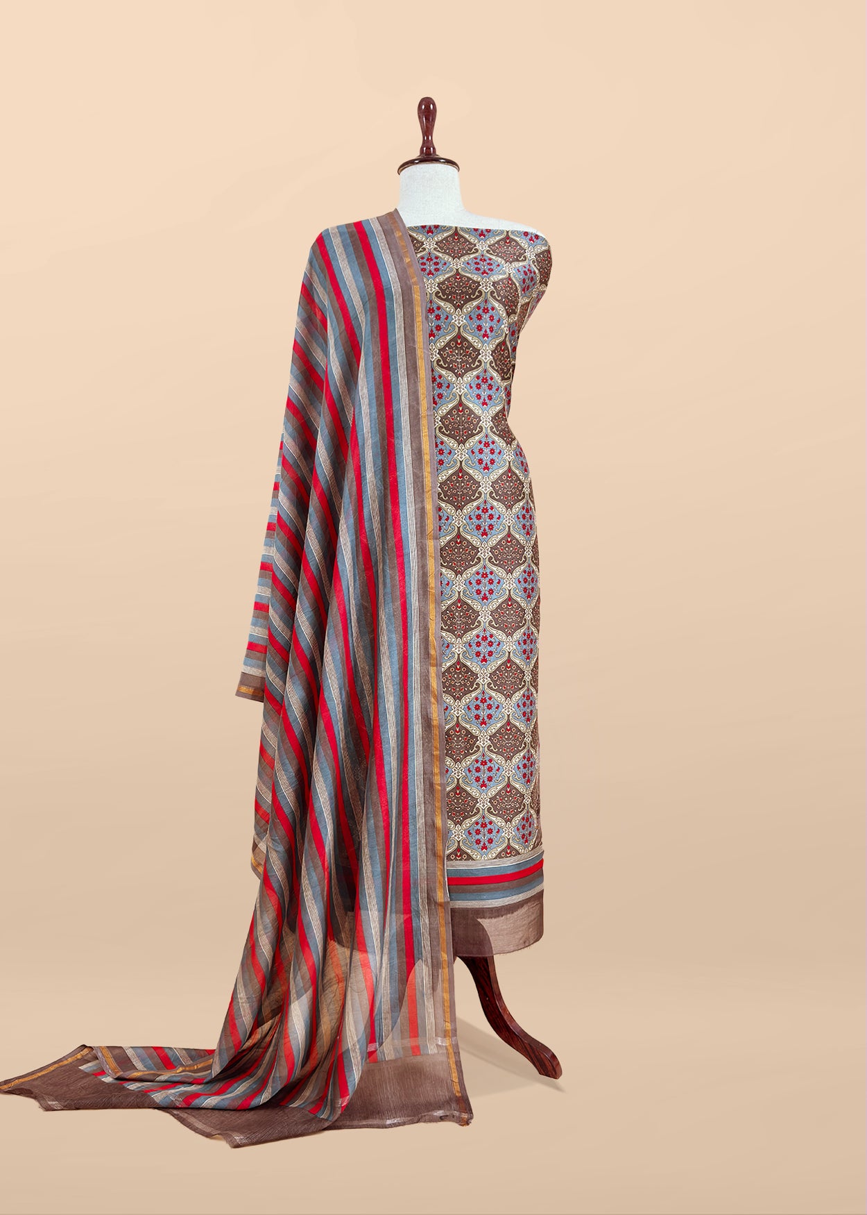 Brown Pure Maheshwari Silk Suit In Hand-Block Print With Dupatta
