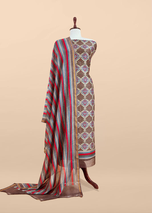 Brown Pure Maheshwari Silk Suit In Hand-Block Print With Dupatta