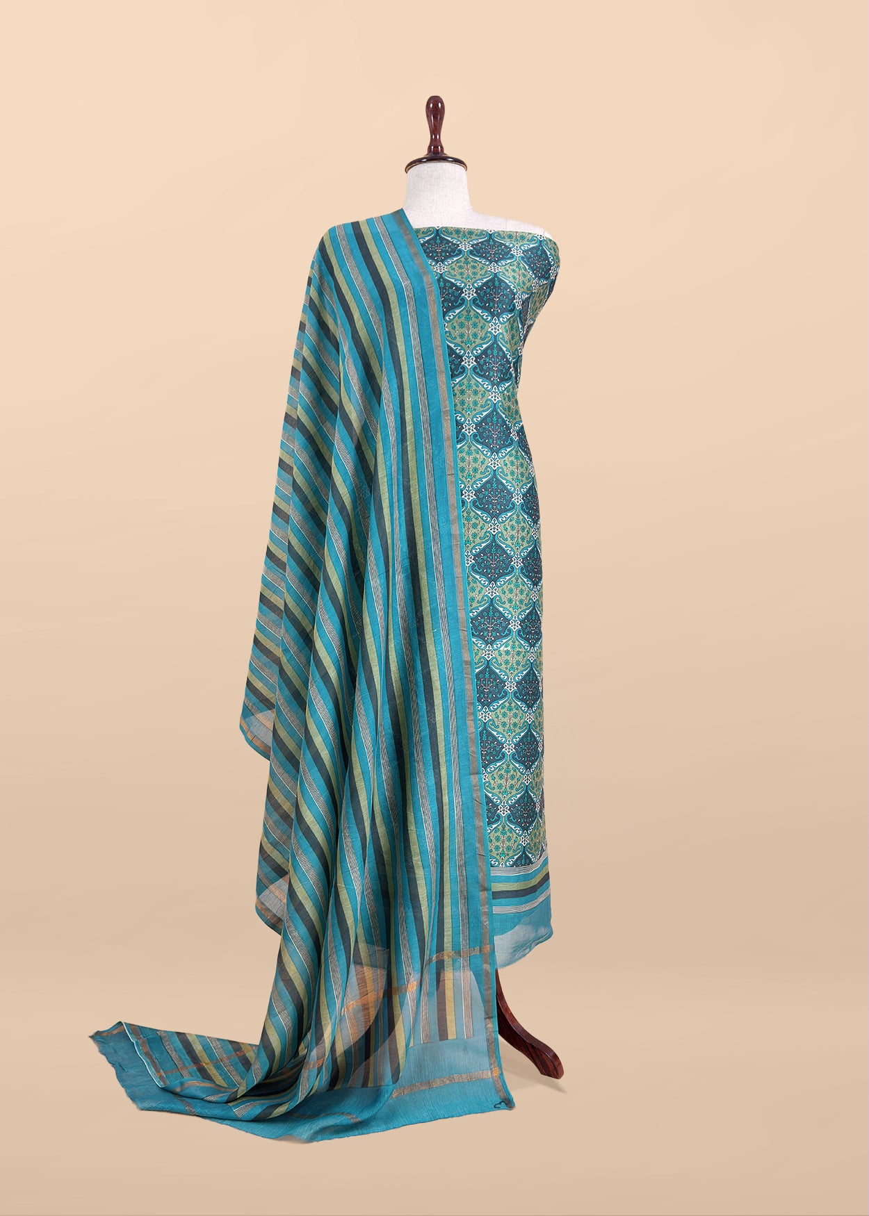 Blue Pure Maheshwari Silk Suit In Hand-Block Print With Dupatta