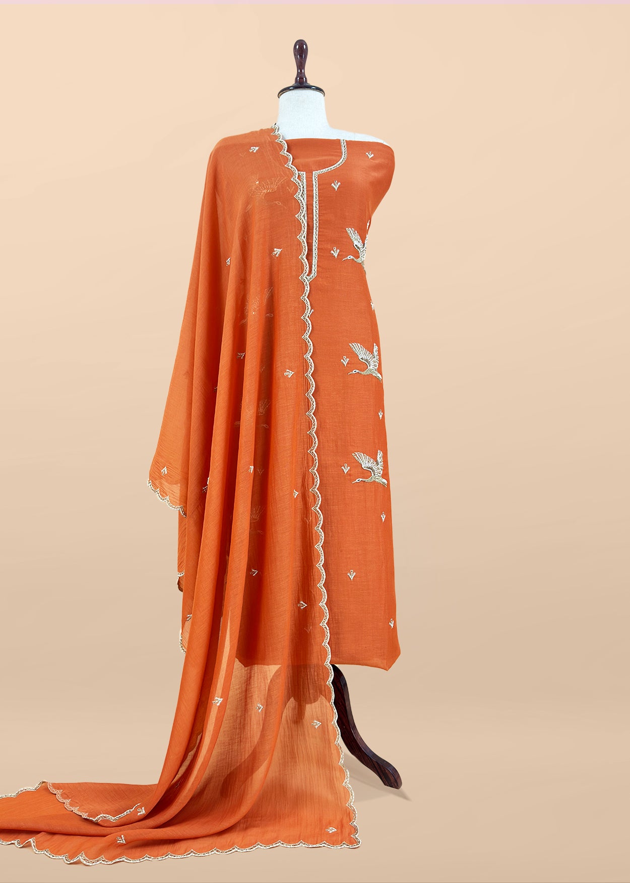 Burnt Sienna Handloom Mul Unstitched Suit Fabric With Handwork