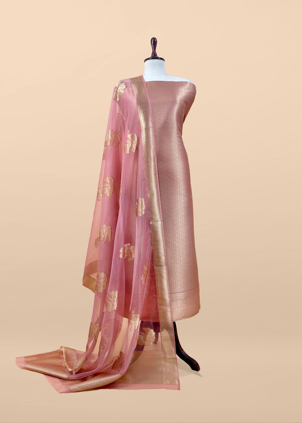 Pink Designer Pure Brocade Silk Kurta And Organza Dupatta