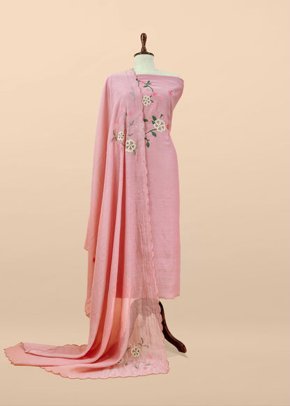 Pink Pure Mulmul Suit Fabric With Appliqué Work