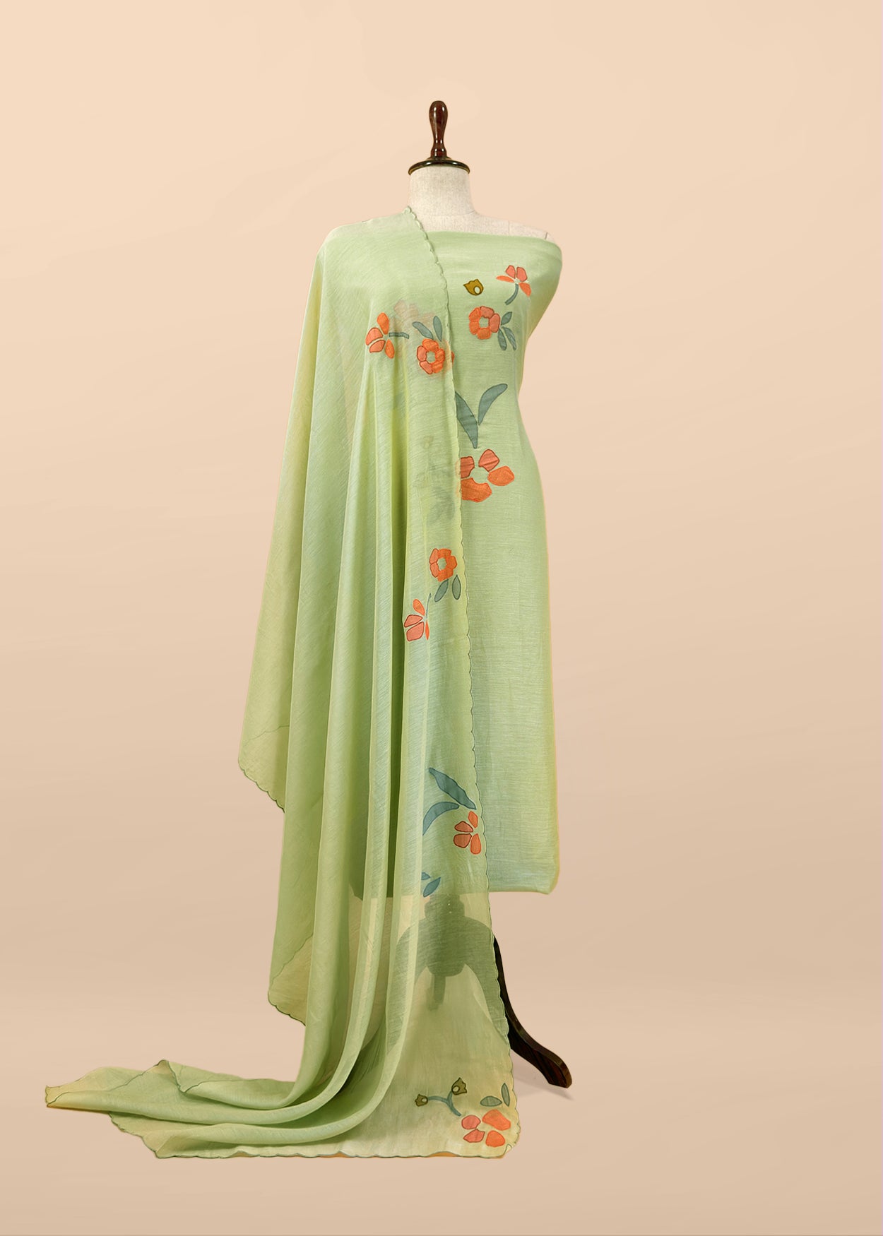 Pastel Green Pure Mulmul Suit Fabric With Appliqué Work