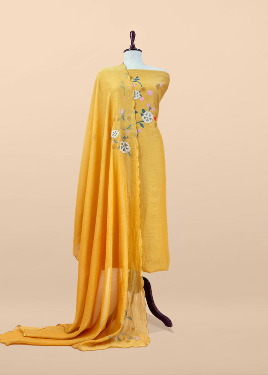 Yellow Pure Mulmul Suit Fabric With Appliqué Work
