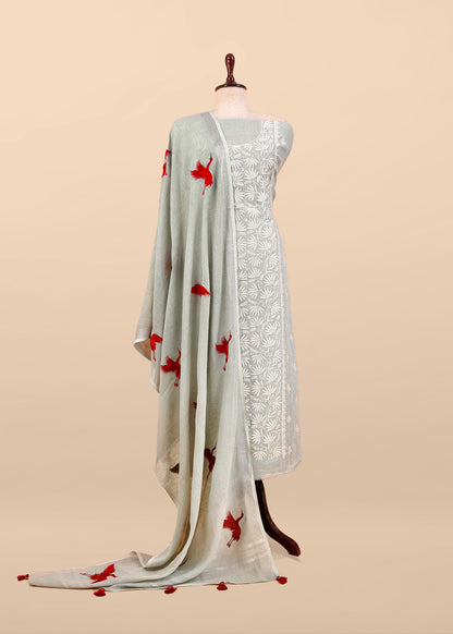 Mint Grey Pure Unstitched Linen Suit With Dupatta