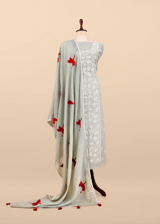 Mint Grey Pure Unstitched Linen Suit With Dupatta