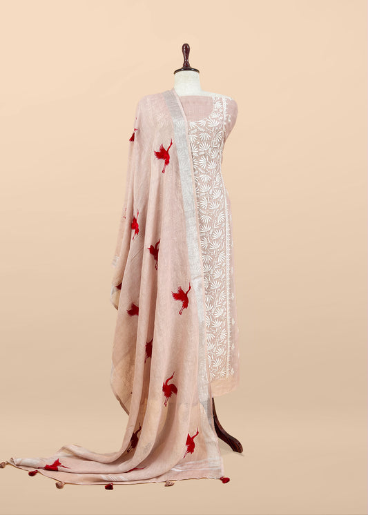 Light Peach Pure Unstitched Linen Suit With Dupatta