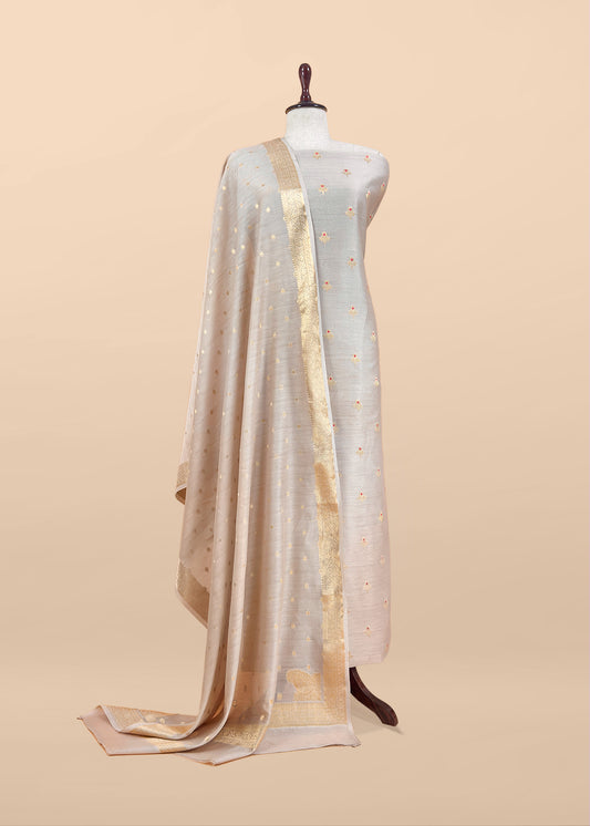 Beige Premium Banarasi Chanderi Silk Unstitched Suit With Dupatta