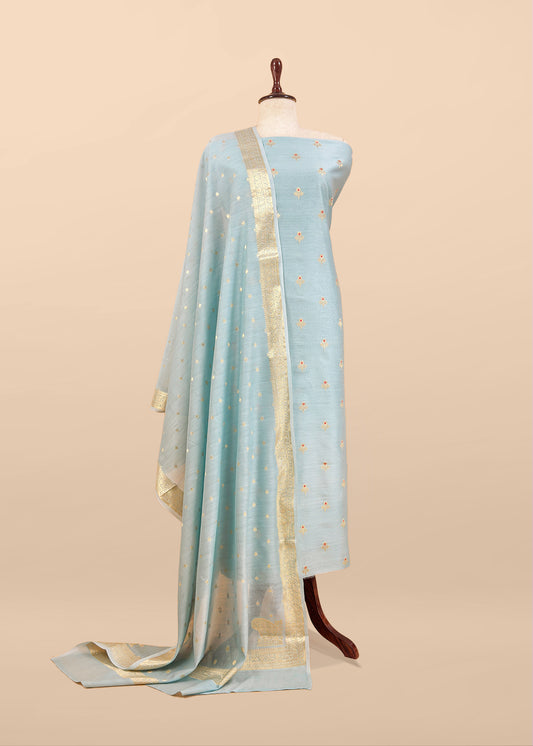 Pastel Blue Premium Banarasi Chanderi Silk Unstitched Suit With Dupatta