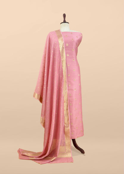 Pink Premium Banarasi Chanderi Silk Unstitched Suit With Dupatta