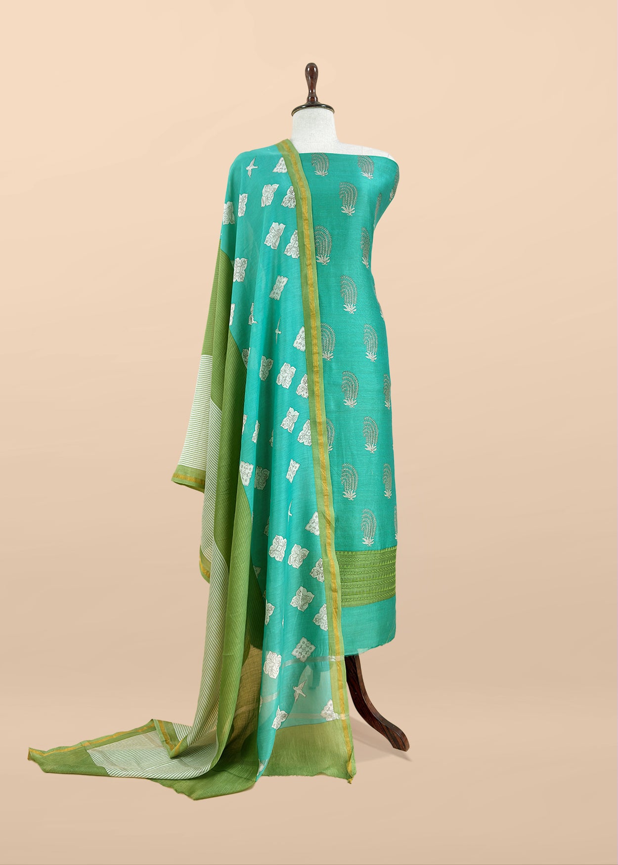 Turquoise Blue Blockprint Handloom Maheshwari Silk Suit Fabric With Self Resham Embroidered Panel