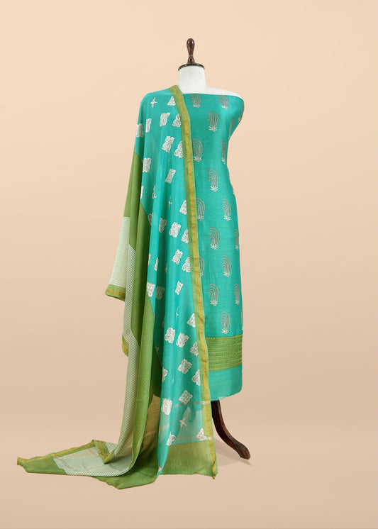 Turquoise Blue Blockprint Handloom Maheshwari Silk Suit Fabric With Self Resham Embroidered Panel