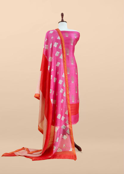 Pink Blockprint Handloom Maheshwari Silk Suit Fabric With Self Resham Embroidered Panel