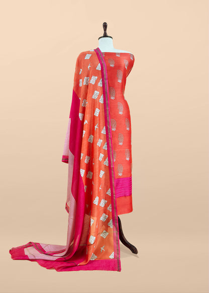 Orange Blockprint Handloom Maheshwari Silk Suit Fabric With Self Resham Embroidered Panel