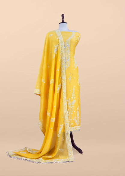 Yellow Lakhnavi Mulmul Suit With Dupatta