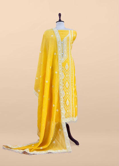Yellow Lakhnavi Mulmul Suit With Dupatta