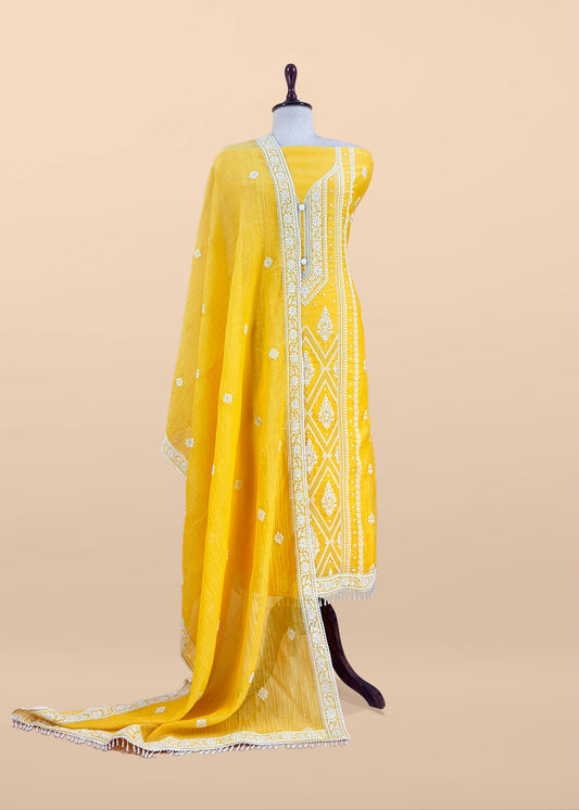 Yellow Lakhnavi Mulmul Suit With Dupatta