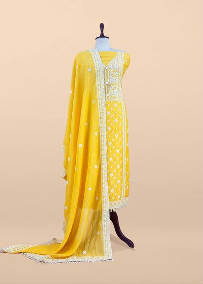 Yellow Lakhnavi Mulmul Suit With Dupatta