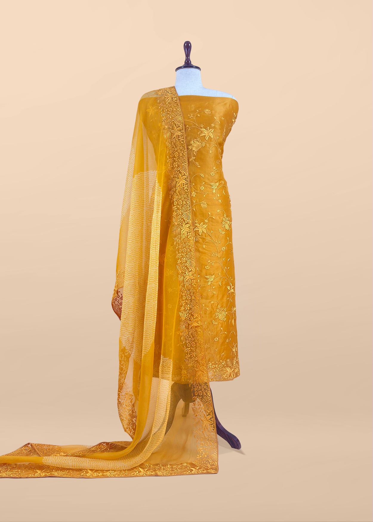 Yellow Embroidered Organza Silk Unstitched Suit With Resham Embroidery Dupatta