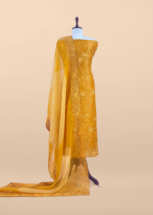 Yellow Embroidered Organza Silk Unstitched Suit With Resham Embroidery Dupatta