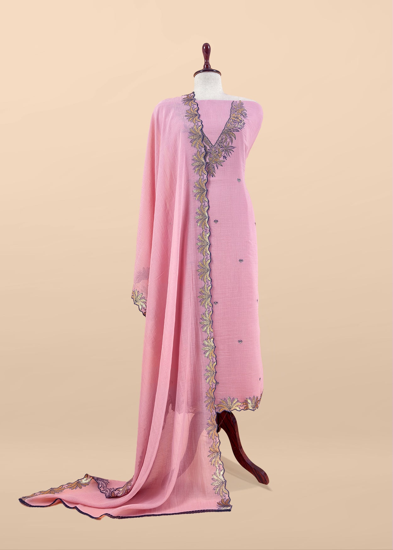 Pink Handloom Mulmul Unstitched Suit Fabric With Hand Gota Work