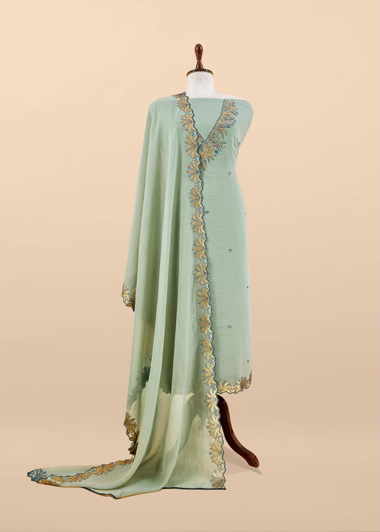 Sage Green Handloom Mulmul Unstitched Suit Fabric With Hand Gota Work
