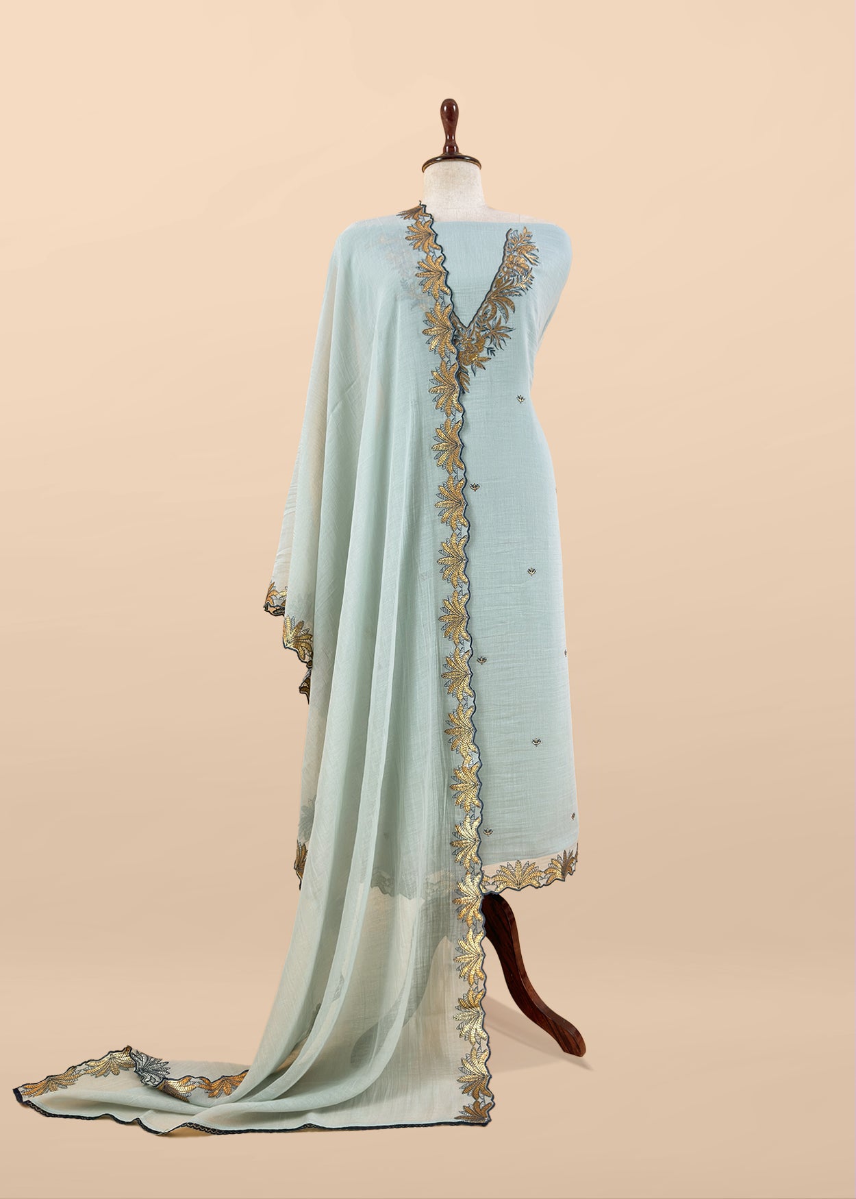 Light Blue Handloom Mulmul Unstitched Suit Fabric With Hand Gota Work