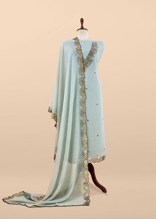 Light Blue Handloom Mulmul Unstitched Suit Fabric With Hand Gota Work