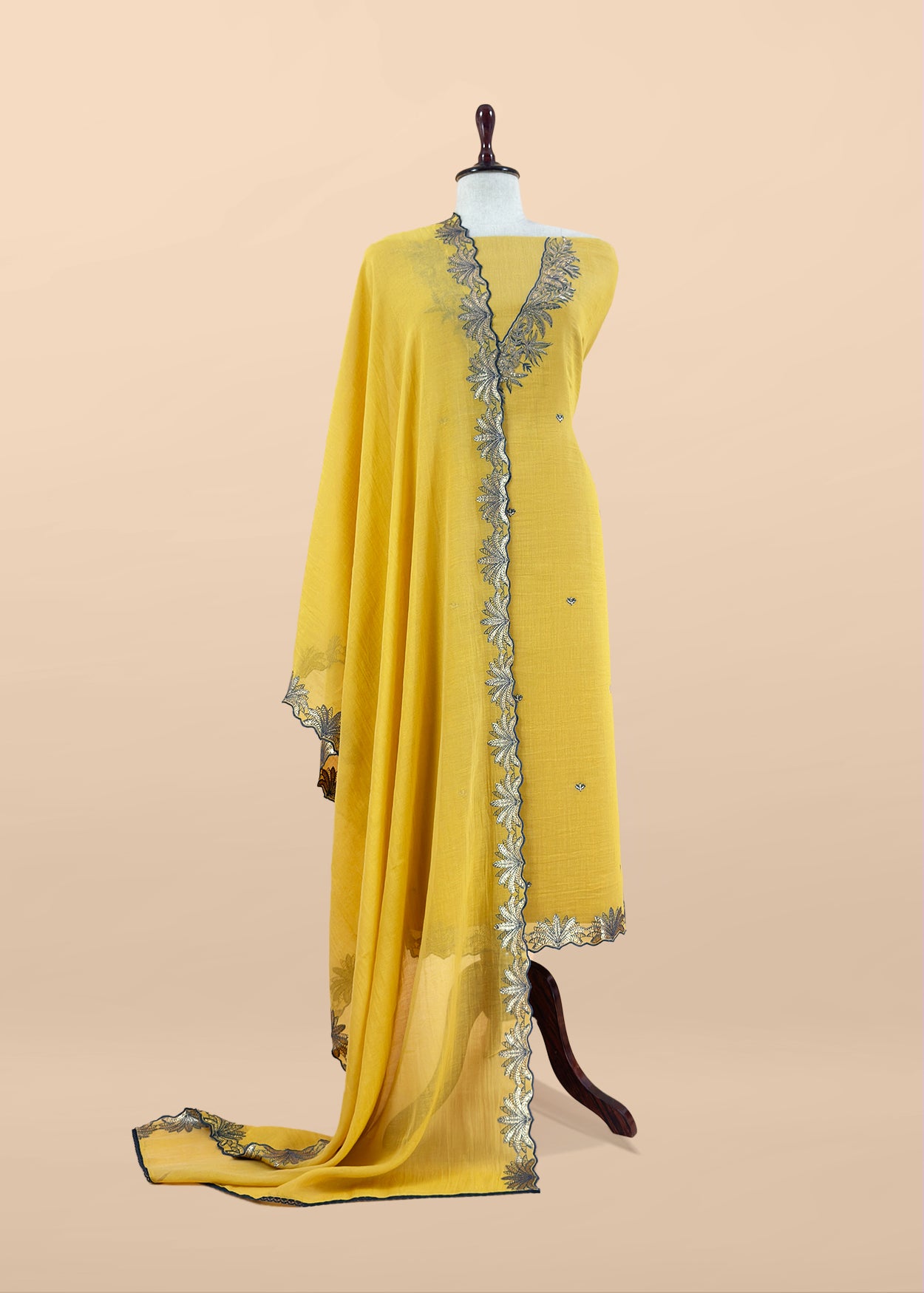 Yellow Handloom Mulmul Unstitched Suit Fabric With Hand Gota Work