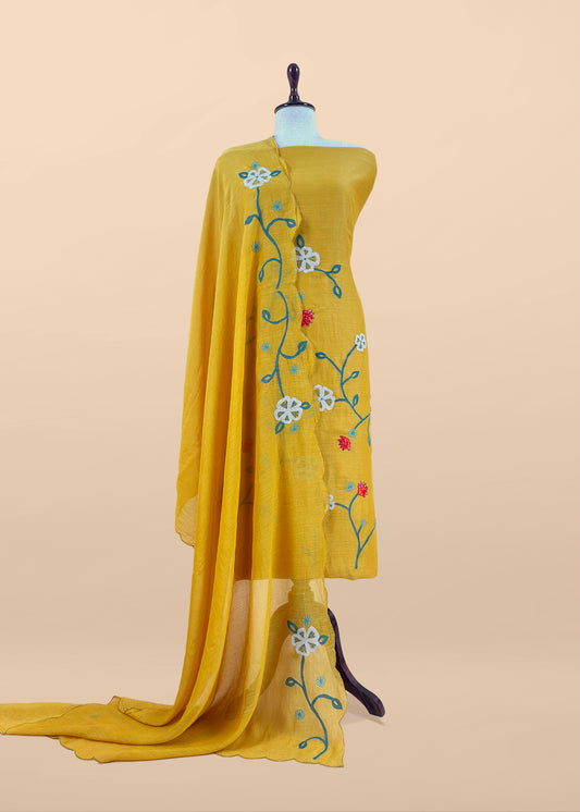Yellow Pure Mulmul Suit Fabric With Appliqué Work