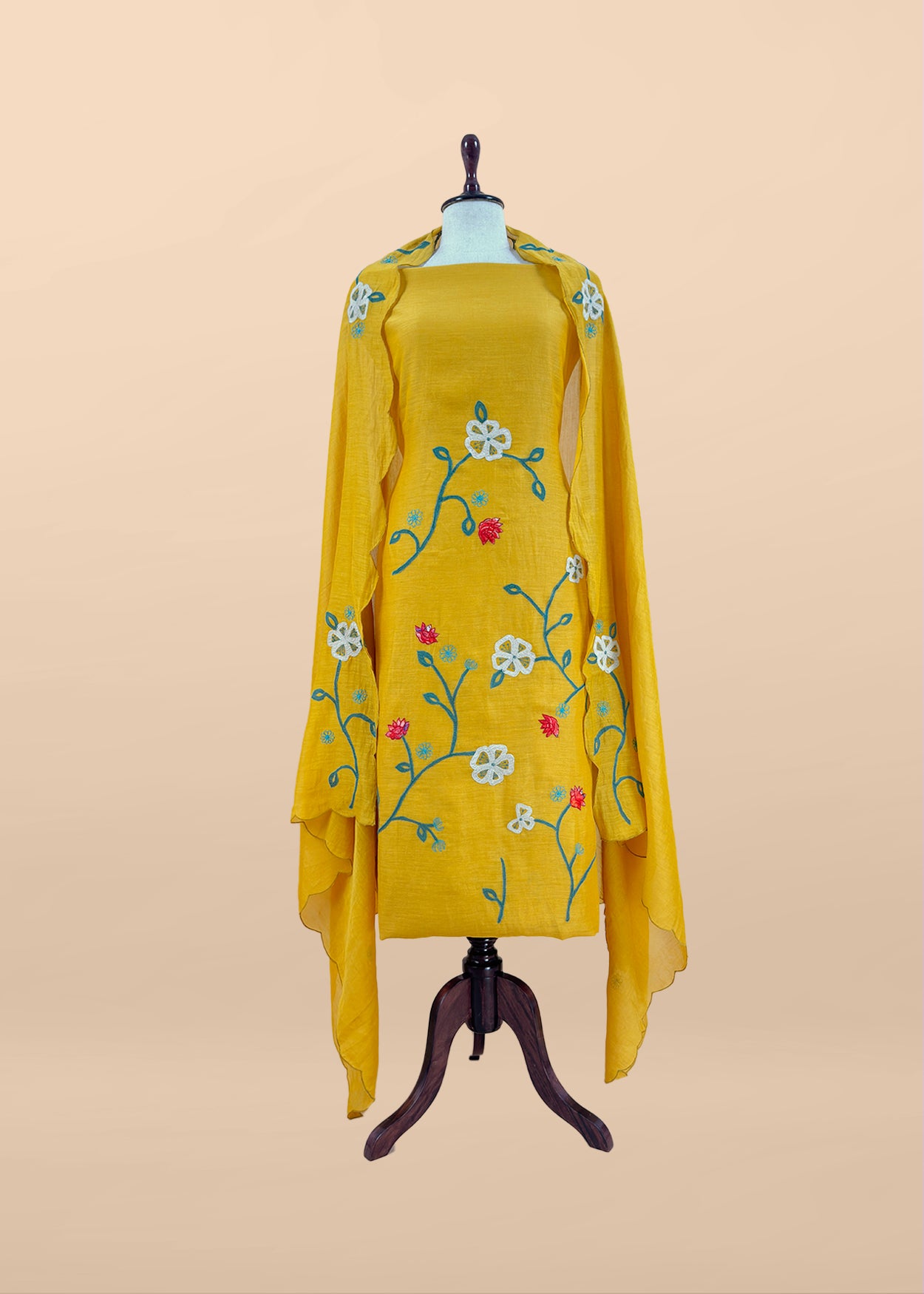 Yellow Pure Mulmul Suit Fabric With Appliqué Work