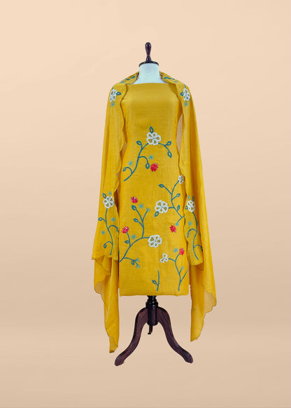 Yellow Pure Mulmul Suit Fabric With Appliqué Work