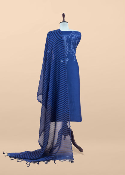 Blue Pure Mul Unstitched Suit With French Thread Embroidery