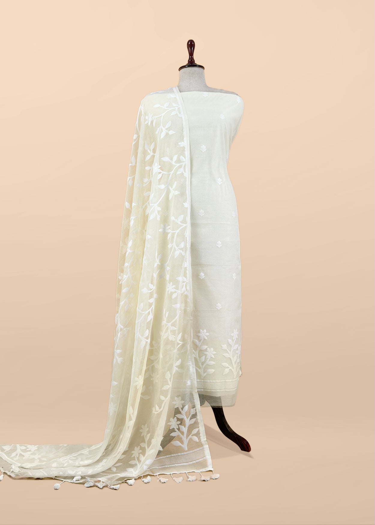 White Pure Linen Suit Fabric With Needle Jamdani Weaving Handmade On Loom