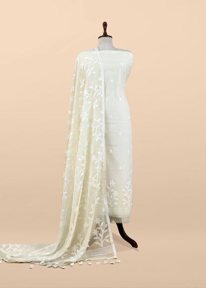 White Pure Linen Suit Fabric With Needle Jamdani Weaving Handmade On Loom