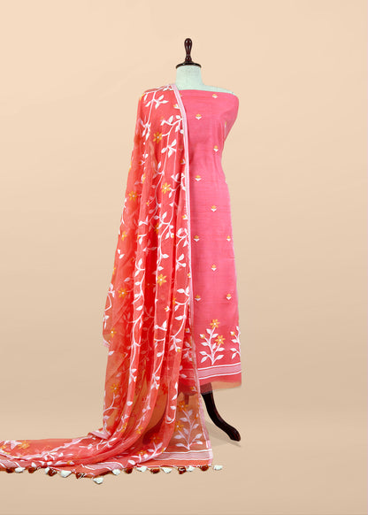 Peach Pure Linen Suit Fabric With Needle Jamdani Weaving Handmade On Loom