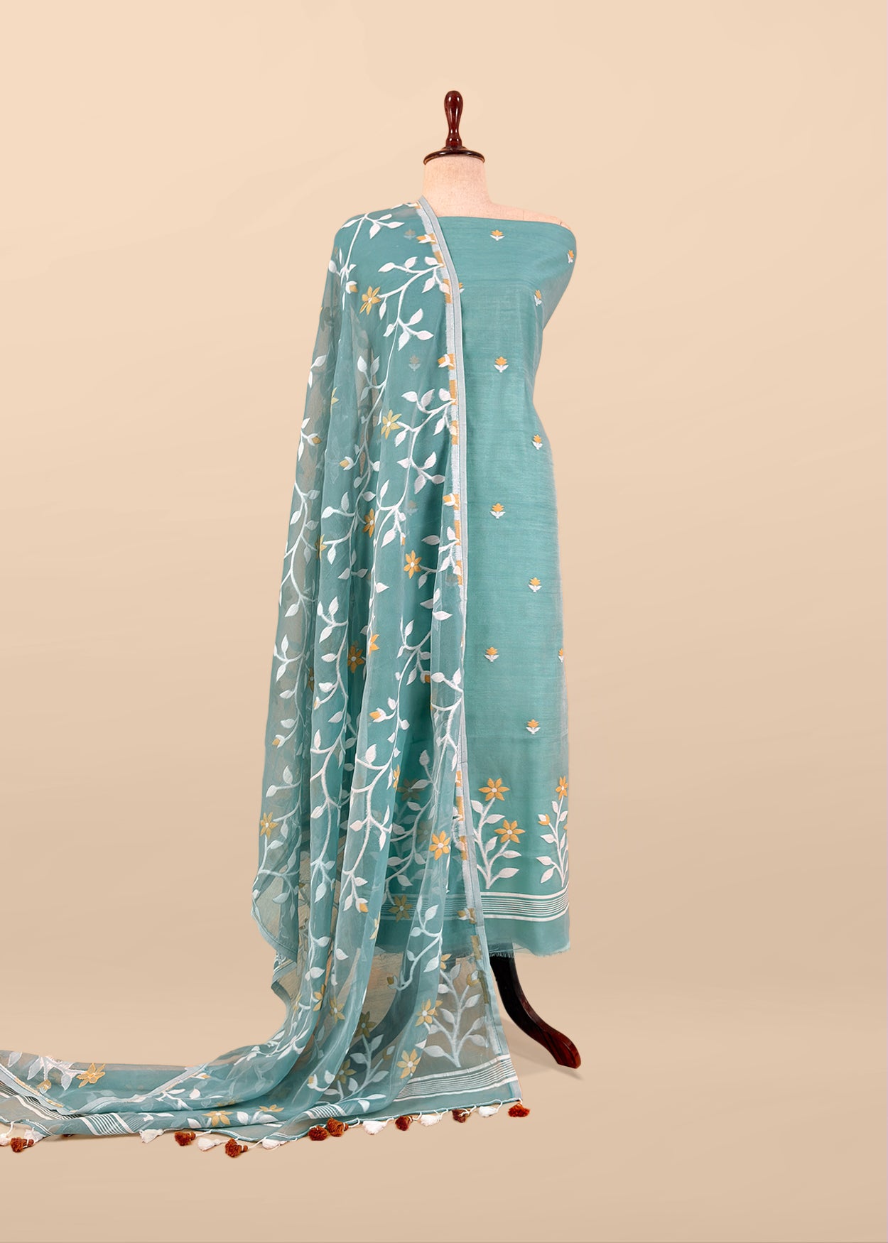 Teal Blue Pure Linen Suit Fabric With Needle Jamdani Weaving Handmade On Loom