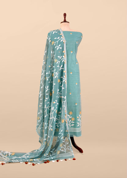 Teal Blue Pure Linen Suit Fabric With Needle Jamdani Weaving Handmade On Loom