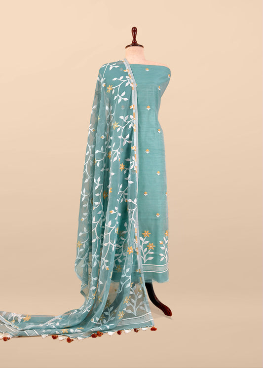 Teal Blue Pure Linen Suit Fabric With Needle Jamdani Weaving Handmade On Loom