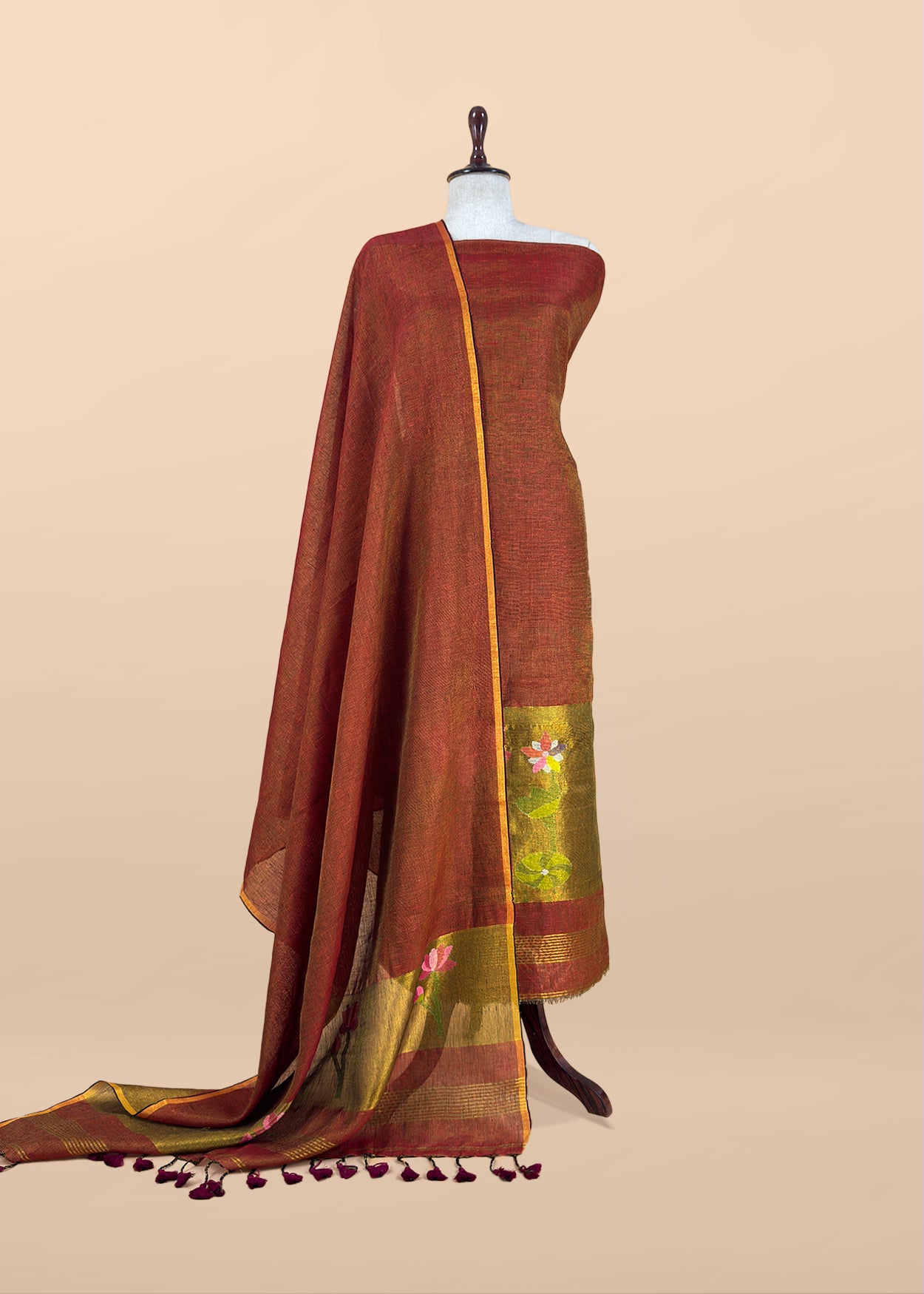 Maroon Pure Linen Suit Fabric With Gold Zari lotus Needle Jamdani Weaving Handmade On Loom