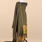 Army Green Pure Linen Suit Fabric With Gold Zari Lotus Needle Jamdani Weaving Handmade On Loom