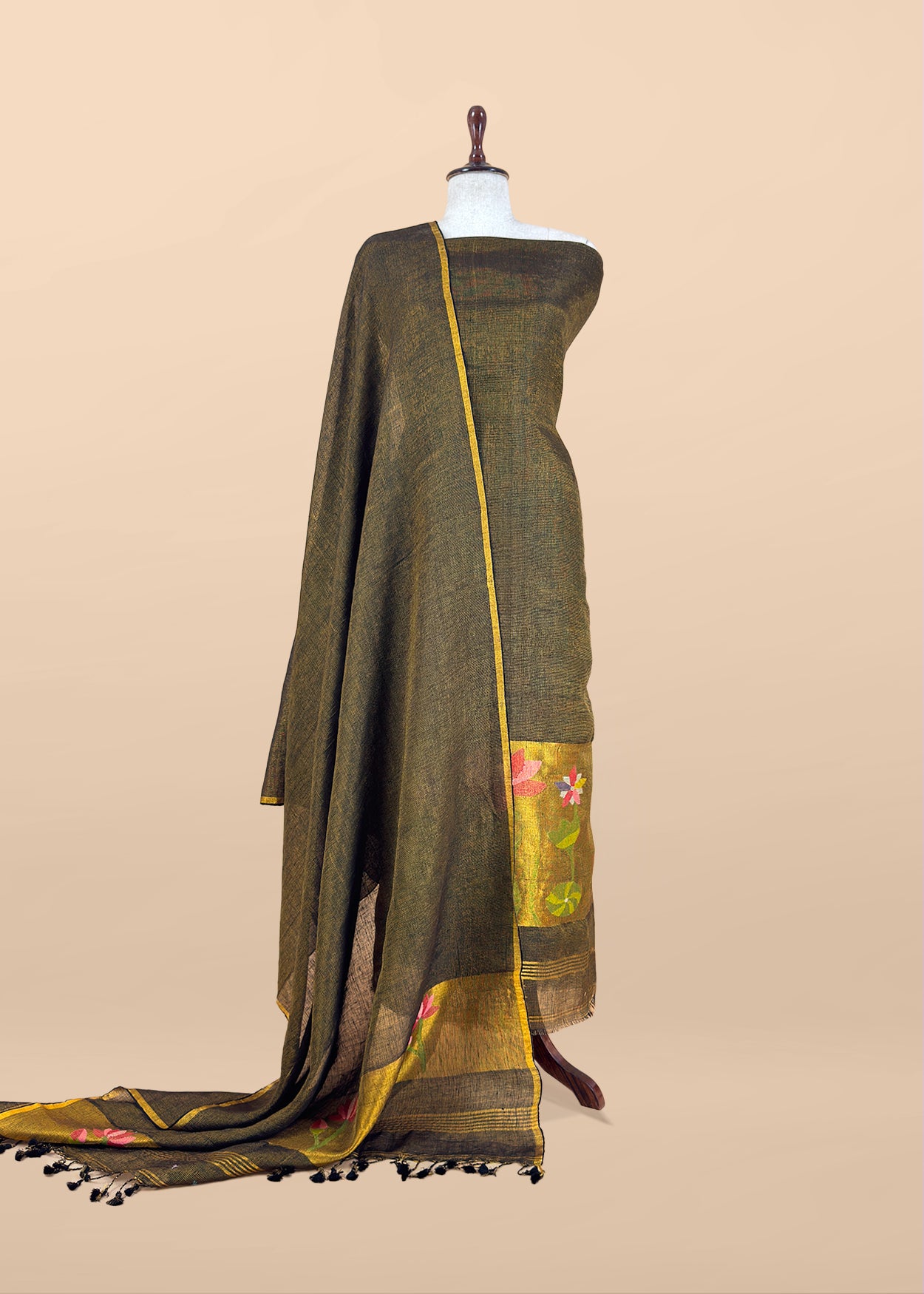 Army Green Pure Linen Suit Fabric With Gold Zari Lotus Needle Jamdani Weaving Handmade On Loom