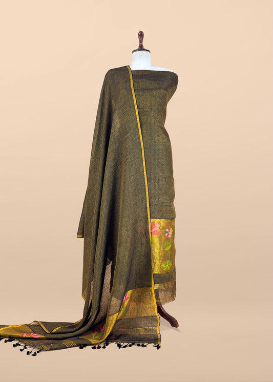Army Green Pure Linen Suit Fabric With Gold Zari Lotus Needle Jamdani Weaving Handmade On Loom