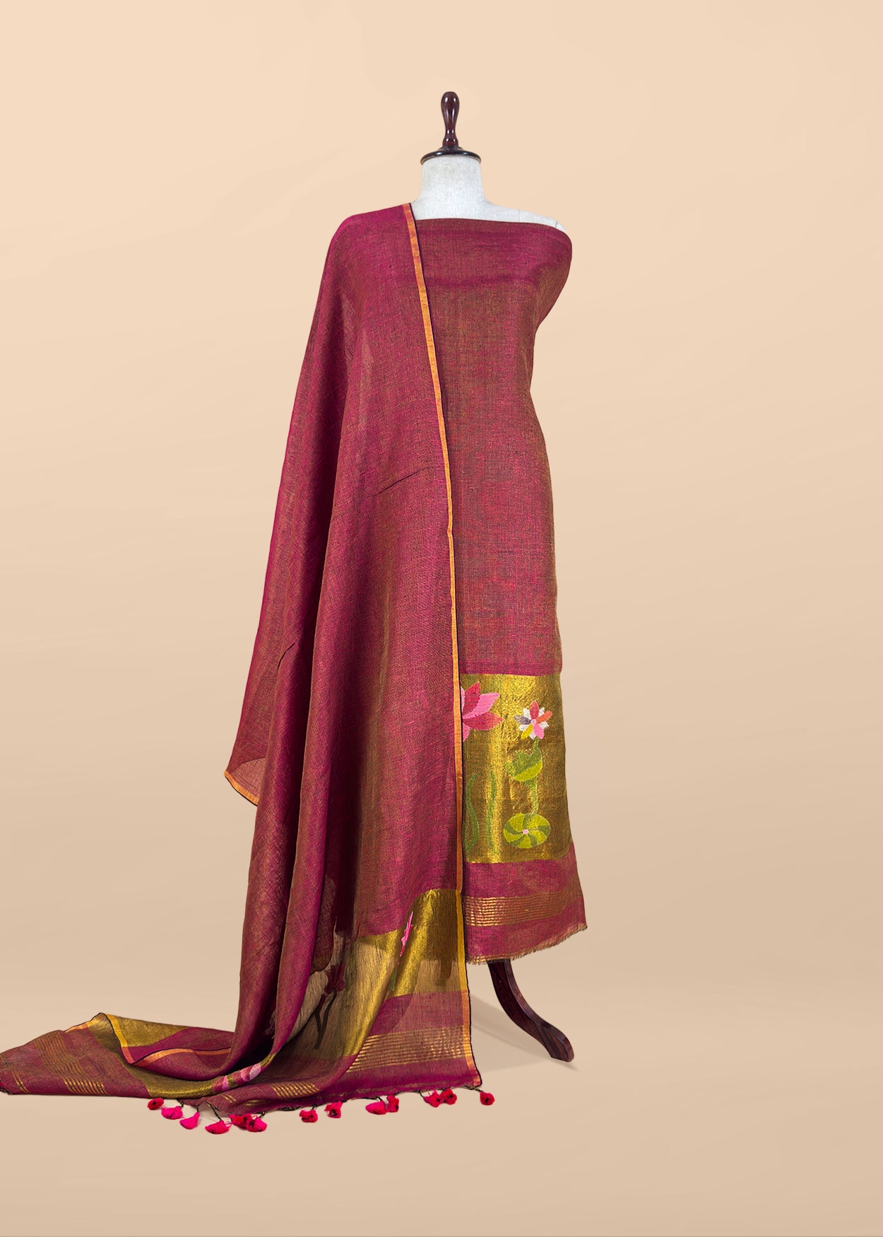 Deep Maroon Pure Linen Suit Fabric With Gold Zari Lotus Needle Jamdani Weaving Handmade On Loom