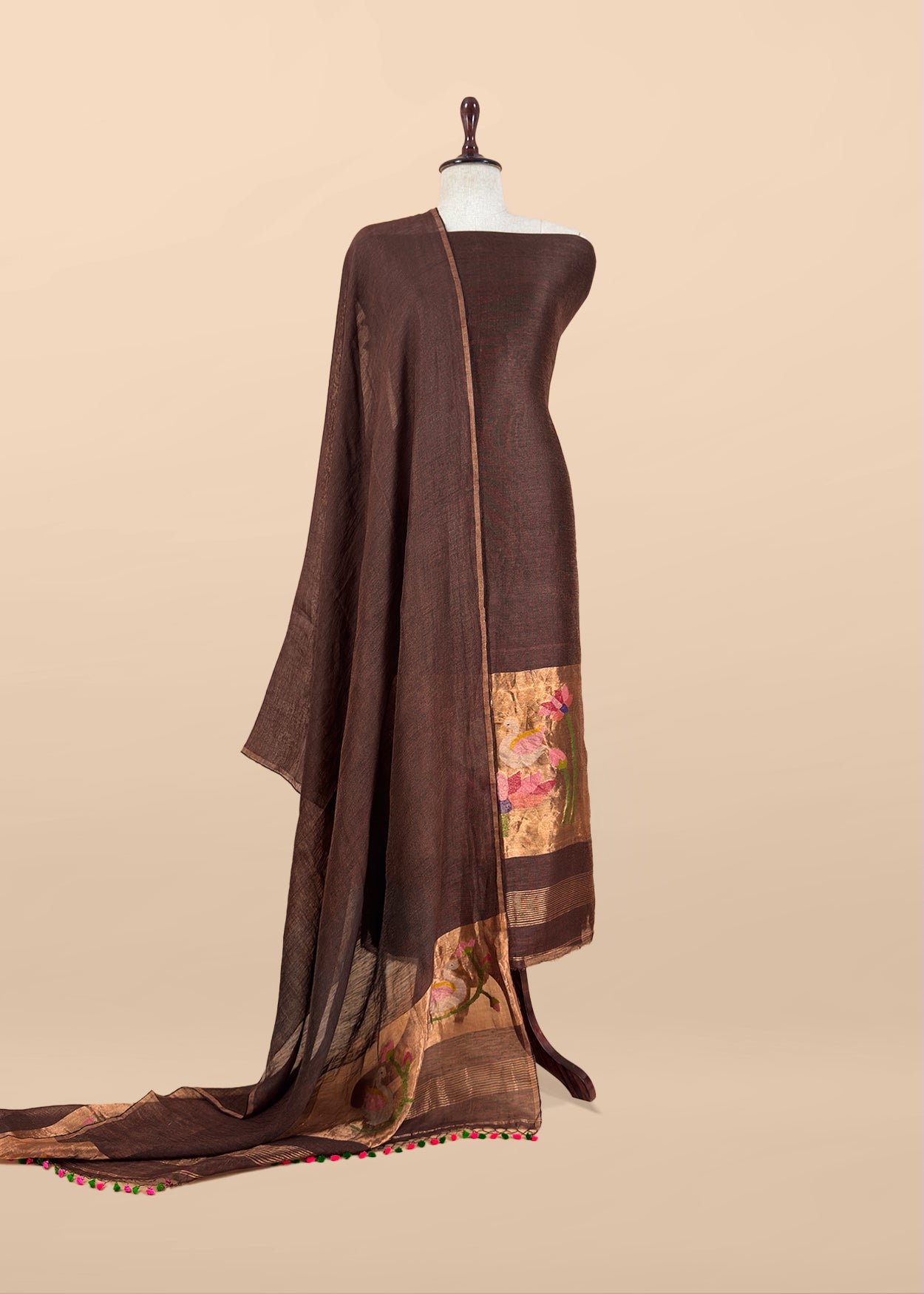 Coffee Brown Pure Linen Suit Fabric With Gold Zari Swan Needle Jamdani Weaving Handmade On Loom