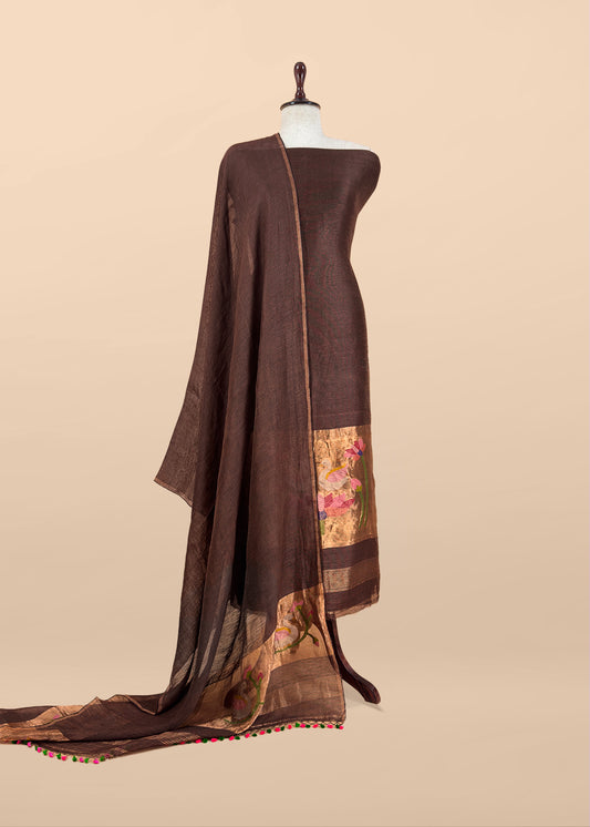 Coffee Brown Pure Linen Suit Fabric With Gold Zari Swan Needle Jamdani Weaving Handmade On Loom
