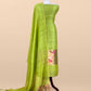 Parrot Green Pure Linen Suit Fabric With Gold Zari Swan Needle Jamdani Weaving Handmade On Loom