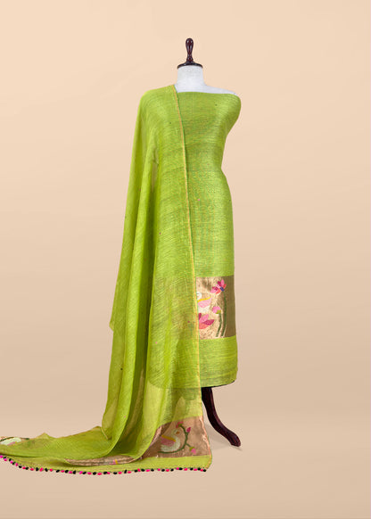 Parrot Green Pure Linen Suit Fabric With Gold Zari Swan Needle Jamdani Weaving Handmade On Loom