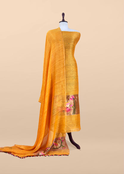 Mango Yellow Pure Linen Suit Fabric With Gold Zari Swan Needle Jamdani Weaving Handmade On Loom